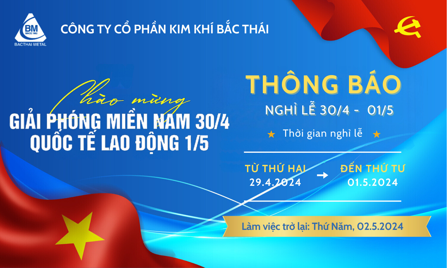 THÔNG BÁO NGHỈ LỄ 30-4 VÀ 1-5